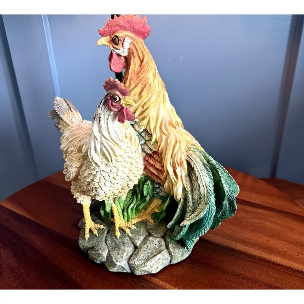 Vintage Rooster and Chicken Table Lamp Plaid Shade Farmhouse Cottage 20